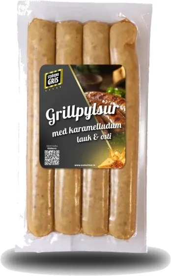 Grillpylsur með karmelluðum lauk og osti